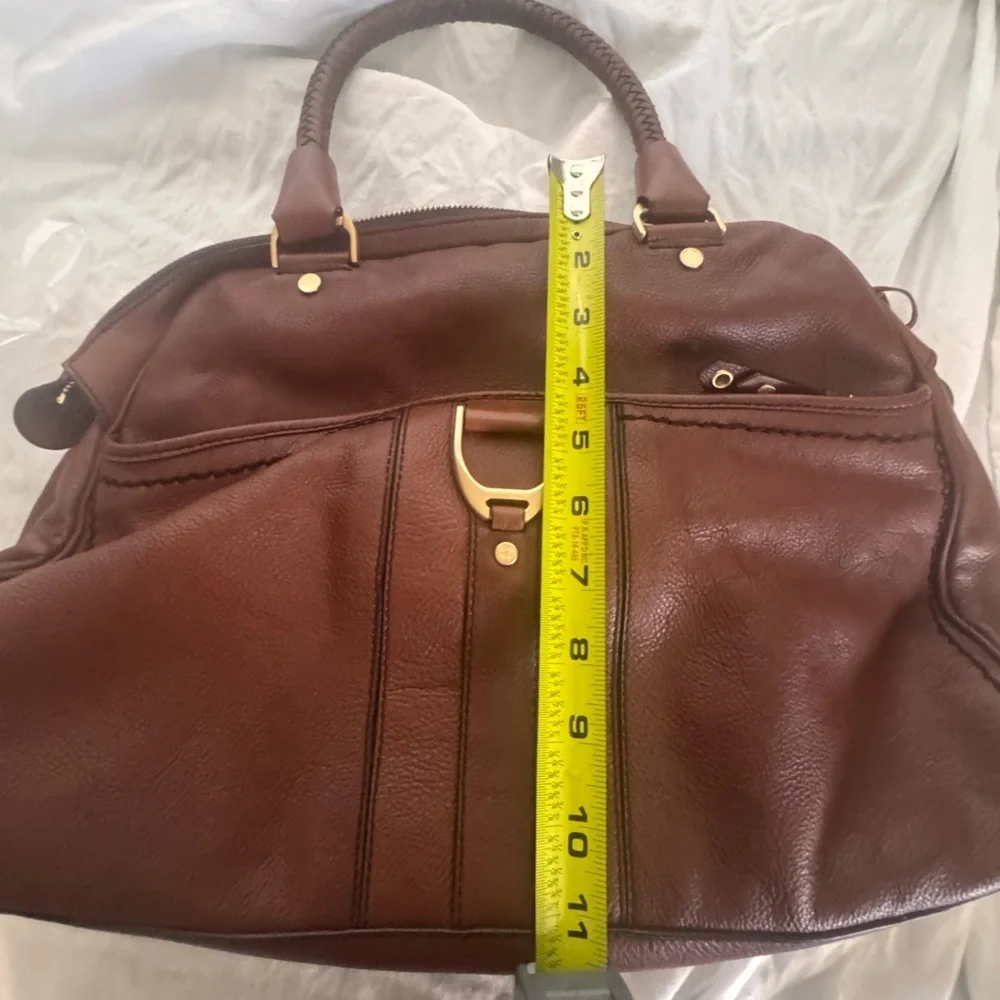 Cole Haan Brown Leather Satchel Braided Handle Top Zip Bag